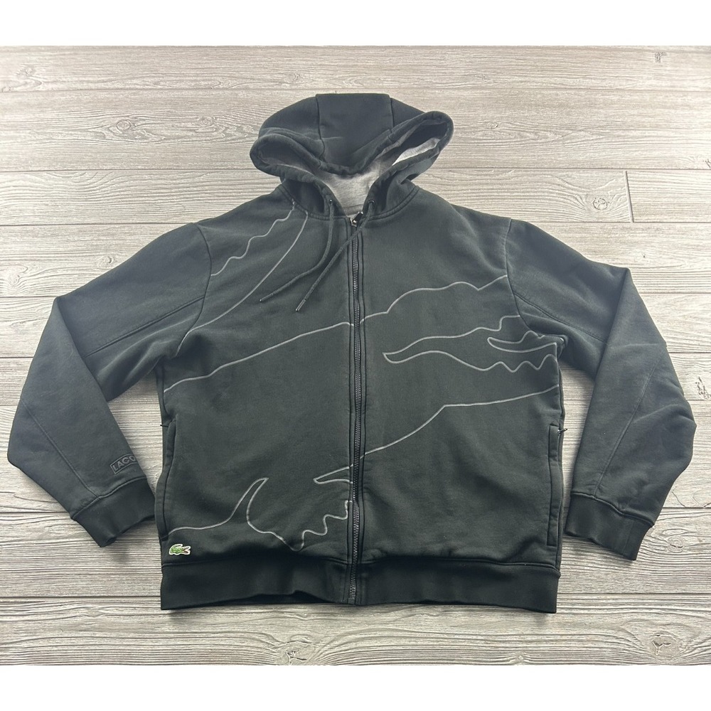 Lacoste Sport Hoodie Black Zip Up Size US Large Classic Fit Crocodile Logo